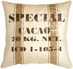 You don't have to be a cacao bean merchant to appreciate the rustic charm of this large 24x24 inch square throw pillow. Made from a soft and sturdy broad weave fabric, this fun throw pillow will add comfort, charm and conversation to your home